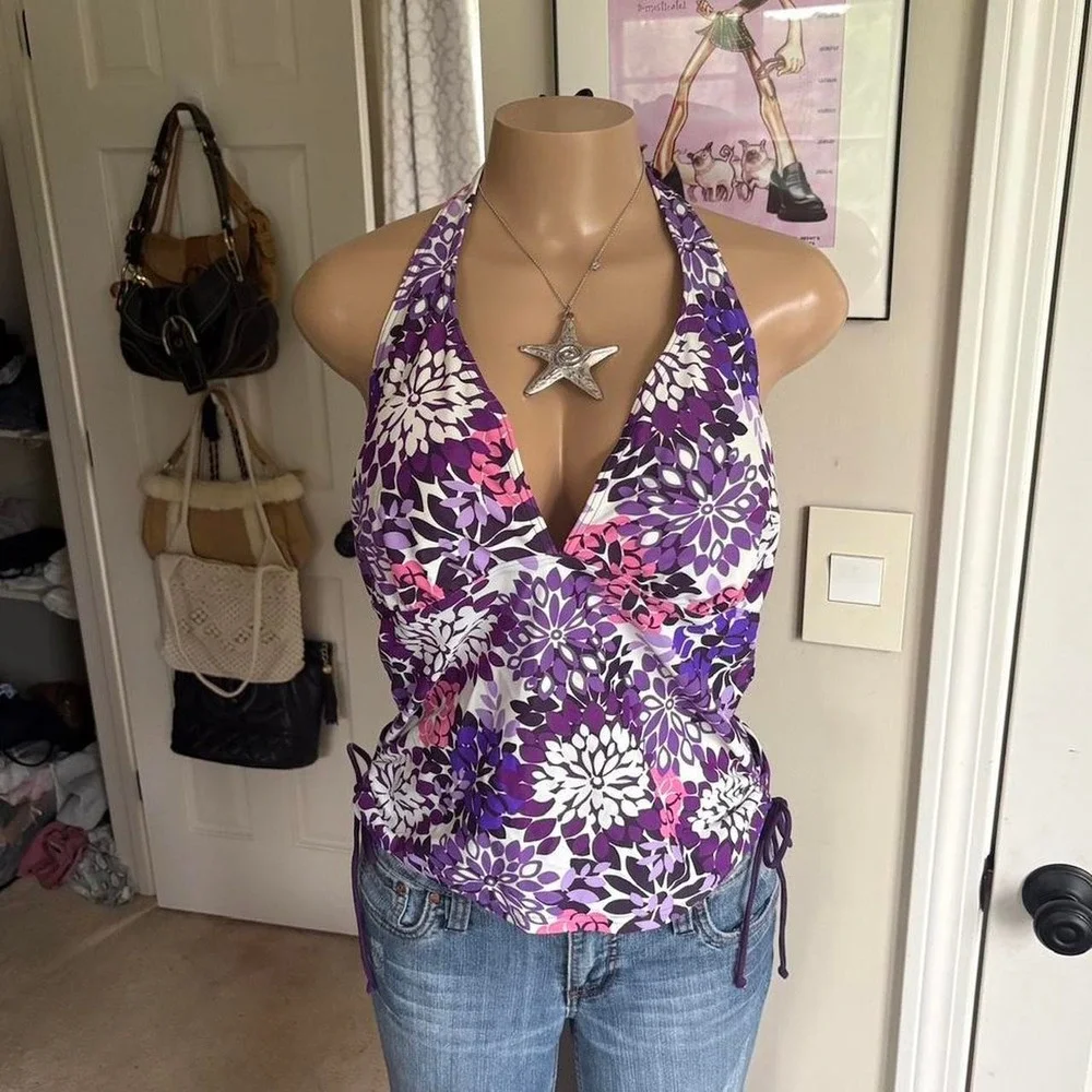 Y2K 2000s Purple Floral Halter Top